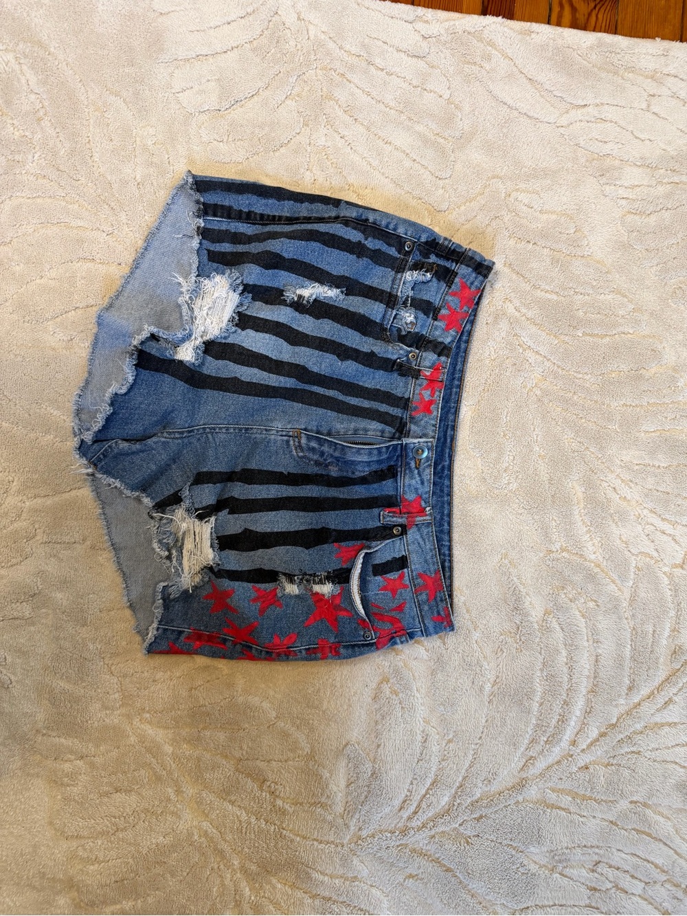 Her Universe Harley Quinn Blue Denim Shorts with Black Stripes and Red Stars